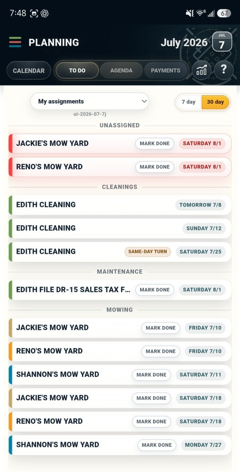 Collimet vacation rental task view grouped by maintenance, mowing, and cleaning