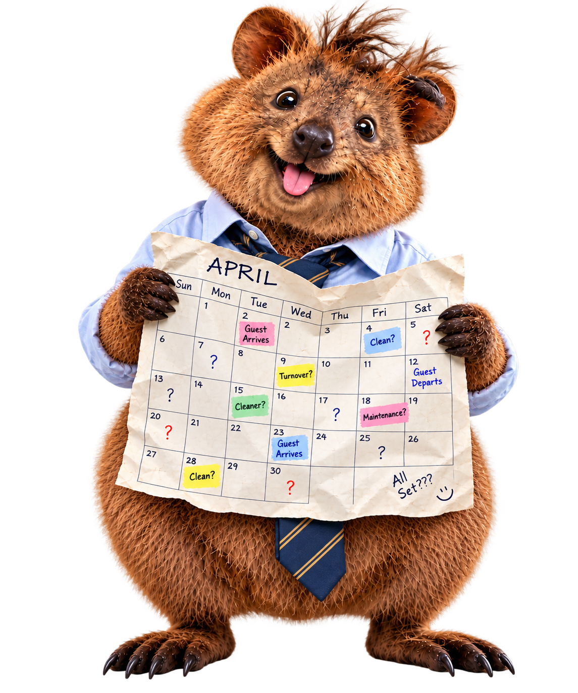 A quokka holding a wrinkled calendar